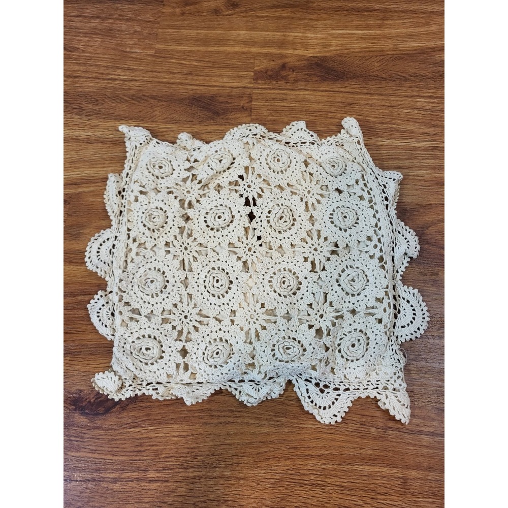 Vintage Handmade Crochet Ivory Throw Pillow Sham 12"×12"